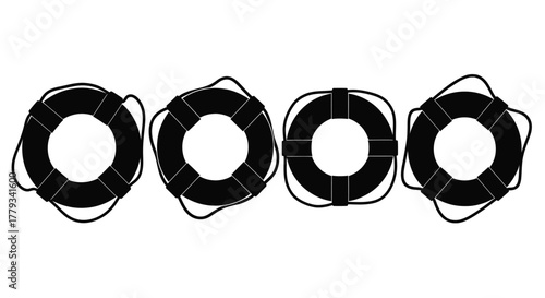 Four black lifebuoys isolated on white background, safety equipment illustration