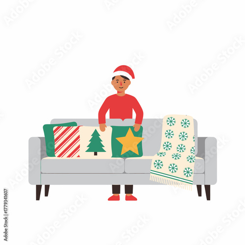 Flat vector illustration boy decorating sofa with christmas cushions