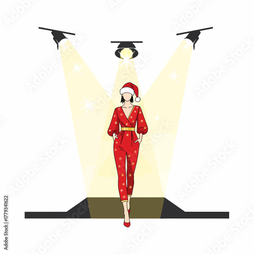 Flat vector christmas fashion model walking illuminated by stage lights