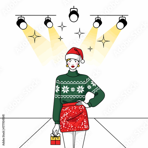 Illustration stylish woman in Christmas outfit on fashion runway with spotlight