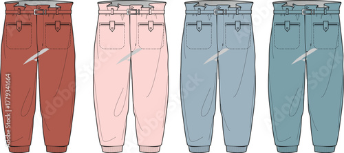Fashionable pants in a variety of colors, a stylish apparel design for everyday wear and casual outfits