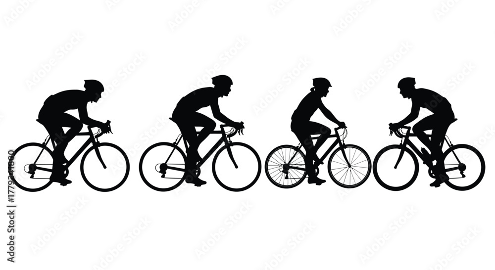 Obraz premium Four cyclists in a row isolated on white background