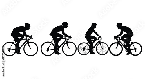 Four cyclists in a row isolated on white background