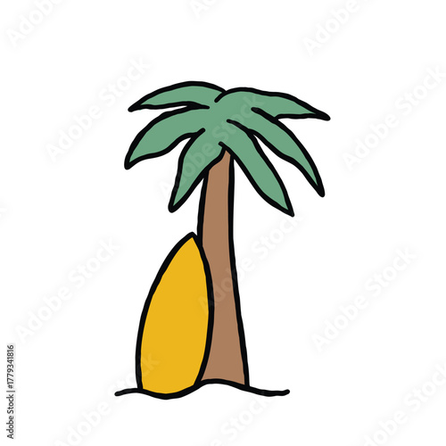 Hand drawn palm tree with surfboard cartoon illustration