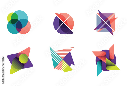 Dynamic geometric shapes in vibrant colors offer a modern and eye catching design, ideal for logos, branding, web design, and creative projects, originally a vector