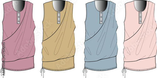 Collection of technical flat sketches for a women's sleeveless draped top with a button placket and drawstring hem, shown in four colorways
