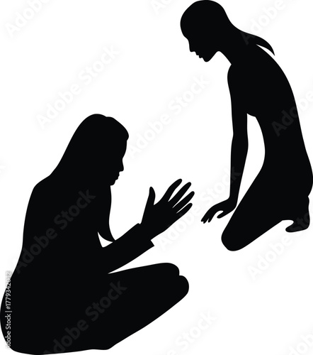 Stark woman hunched down silhouette isolated on white background