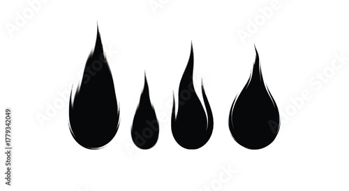 Four black water drops isolated on white background are lined up nicely