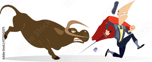 Running bullfighter and angry bull. 
Frightened bullfighter with a sword and matador cape runs away from the angry bull

