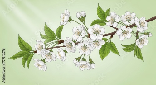 Delicate white cherry blossoms bloom on a branch with green leaves