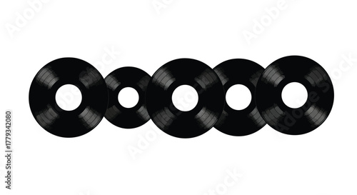 Five black vinyl records isolated on white background, arranged in a row