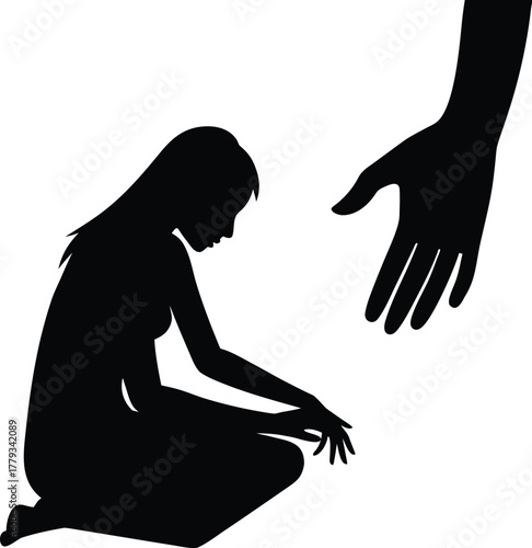 Woman hunched over silhouette isolated on white background