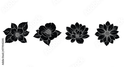 Four black flower silhouettes isolated on white background, each with unique petals