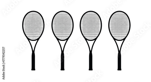 Four tennis rackets isolated on white background, arranged in a neat row