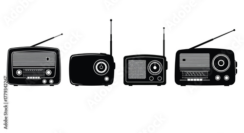 Four vintage radios isolated on white background, each with unique design