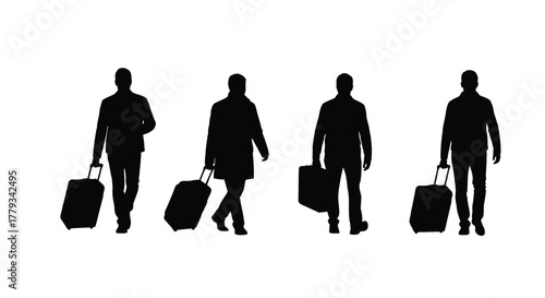 Four people with luggage isolated on white background in a horizontal row