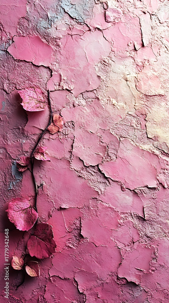 Naklejka premium Pink textured paint with crackled surface and dried leaves for creative designs background