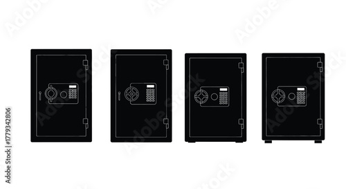 Four black safes isolated on white background, each with unique lock design