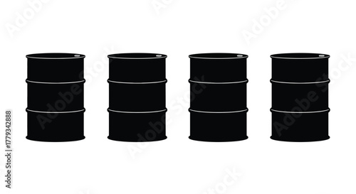 Four black oil barrels isolated on white background, industrial storage concept