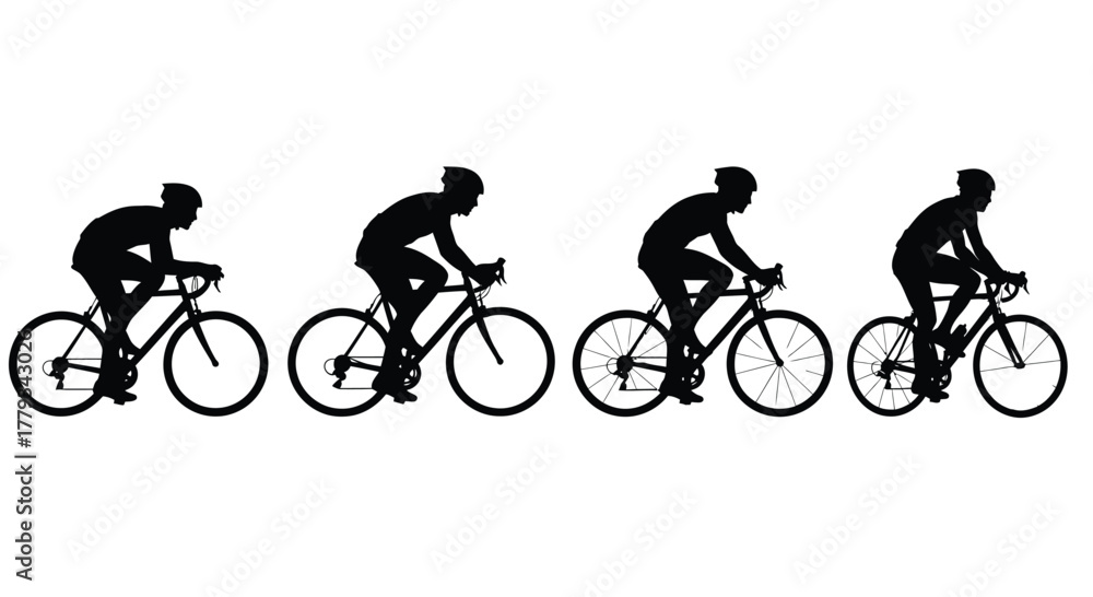 Naklejka premium Four cyclists riding bikes isolated on white background, in silhouette form