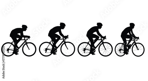 Four cyclists riding bikes isolated on white background, in silhouette form