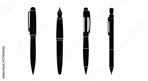 Four different types of pens isolated on white background are displayed