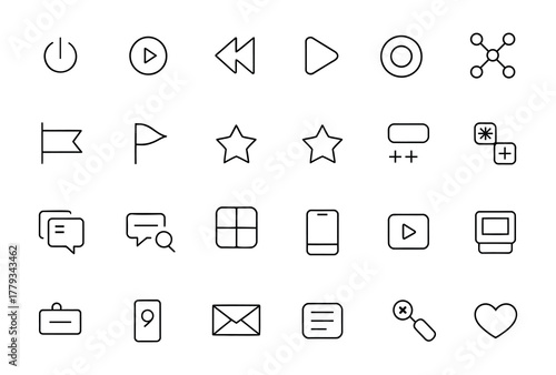 Collection of Minimalist Line Icons for UI Design and Mobile Applications Featuring Essential Symbols for User Interface and App Development Emphasizing Simplicity and Modern Aesthetics