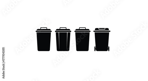 Four black trash cans isolated on white background are displayed in a row