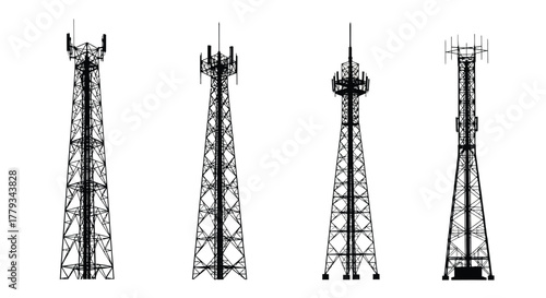 Four communication towers isolated on white background are displayed in a row