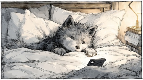 Cute animal illustration, lounging on bedding, curiously interacting with smartphone, showcasing playful expressions and cozy indoor atmosphere, perfect for pet lovers and digital design projects.