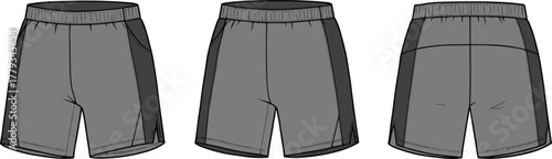 Athletic shorts, sportswear design, technical garment, elastic waistband, two-tone style, fashion illustration, activewear, mobility slit, back seam, apparel