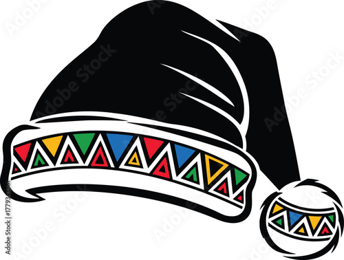Black santa hat vector illustration featuring colorful ethnic geometric triangular pattern on the fur trim and pompom for holiday design.