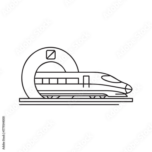 Train tunnel line icon. Modern high-speed railway transport symbol. Outline vector illustration of a bullet train at the platform, concept for public transportation.
