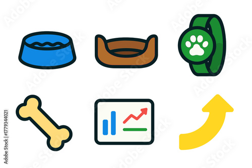 Minimalistic Pet Care Icons. Linear minimalistic pet care icon: water bowl, pet bed, activity tracker, toy bone, stats dashboard,