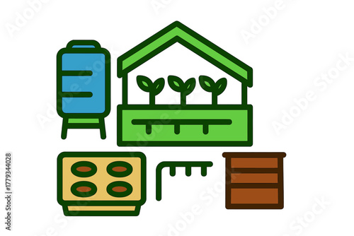 Urban Agriculture Icons. Linear minimalistic urban agriculture setup icon: rooftop planting bed, water tank, seed tray, plant