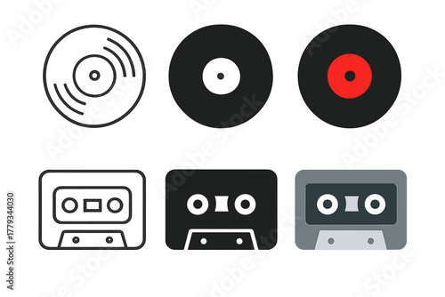 Vinyl and Cassette Icons. Linear minimalistic vinyl icon: circle outline with inner grooves, uniform line thickness, no fill,