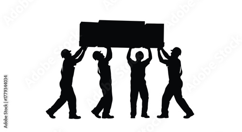 Silhouette of four people carrying a heavy box isolated on white background