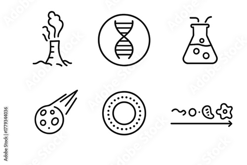 Origin of Life Icons. Line style icons of origin of life theories: hydrothermal vent icon, RNA world theory badge, primordial soup