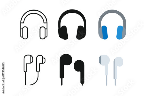 Headphones and Earphones Icons. Linear minimalistic headphones icon: headband outline with ear cups, uniform line thickness, no