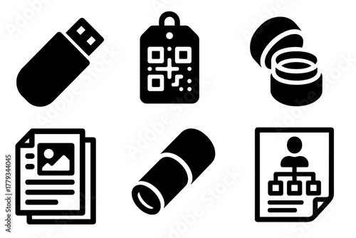 Time Capsule Icons. Line style icons of Time Capsule Curation: digital flash drive, QR code tag, printed memory log, capsule inner
