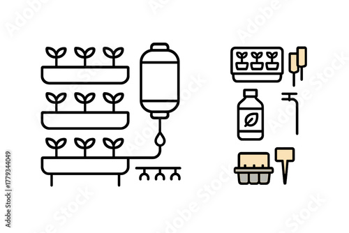 Vertical Farming Icons. Linear minimalistic vertical farming icon: tiered planting beds, water tank, seedling trays, nutrient