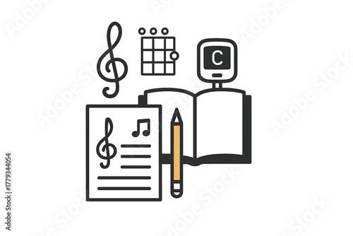 Music Theory Icons. Linear minimalistic theory class icon: clef symbols, chord chart, practice sheet, pencil, music book, tuning