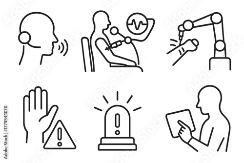 Tattoo Robot Interaction Icons. Line style icons of human-robot interaction during tattoo: verbal command headset, client heart