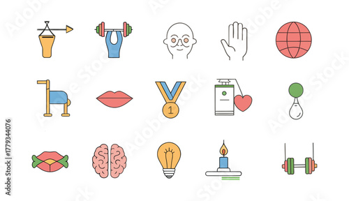 Colorful Icon Set Representing Diverse Concepts like Strength Health and Innovation for Creative Design Projects and Presentations