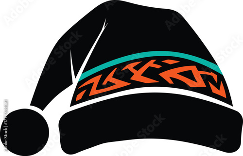 Black christmas santa hat vector illustration with stylized aztec inspired geometric pattern band and pompom in orange and teal color.