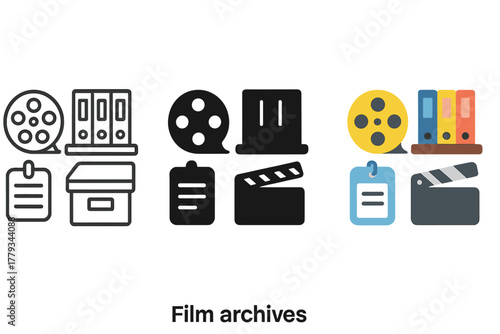 Film Archives Icons. Linear minimalistic film archives icon: film reel, storage shelf, editing log, clapperboard, archival box,