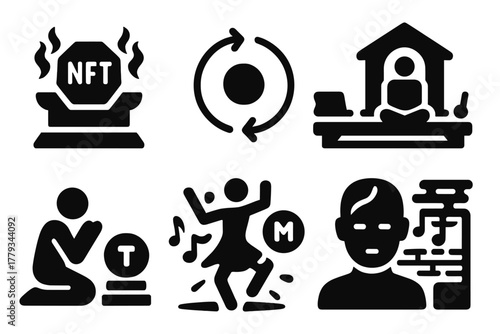Digital Ritual Icons. Solid style icons of digital rituals and ceremonies: NFT altar icon, sacred motion loop, virtual performance