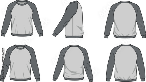 Raglan sleeve shirt, long sleeve apparel, fashion sketch, technical garment drawing, clothing template, front back side view, gray tones