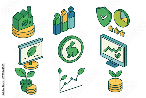 Ethical Investment Icons. Isometric vector illustration set of Ethical investing: zero-emission asset, social equity chart,