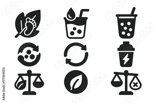 Eco Bubble Tea Icons. Solid style icons of environmental science in bubble tea: carbon footprint leaf, water-saving tea icon,